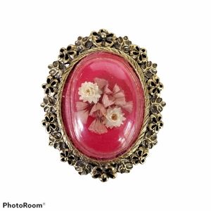 Brooch Pendant With Lucite Dome With Dried Flowers Cottagecore
